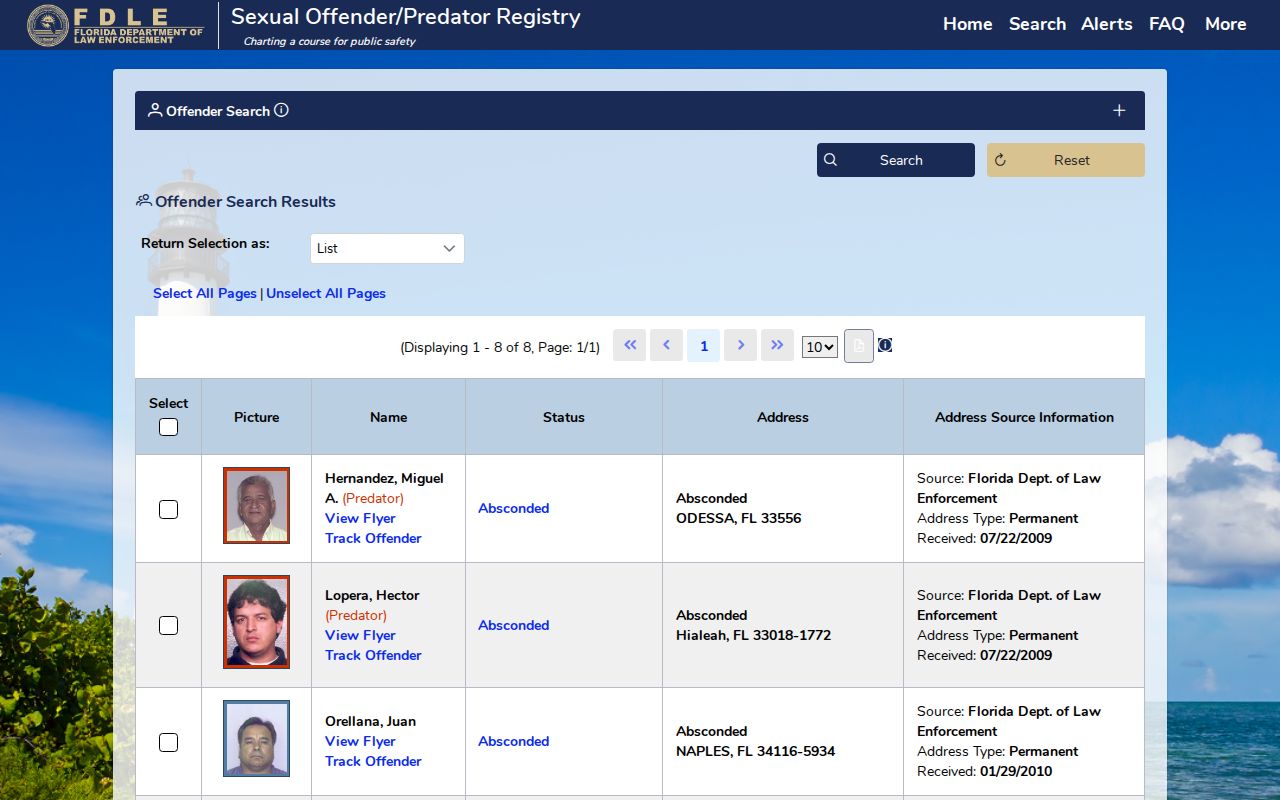 FDLE detailed sexual offender and predator registry search form