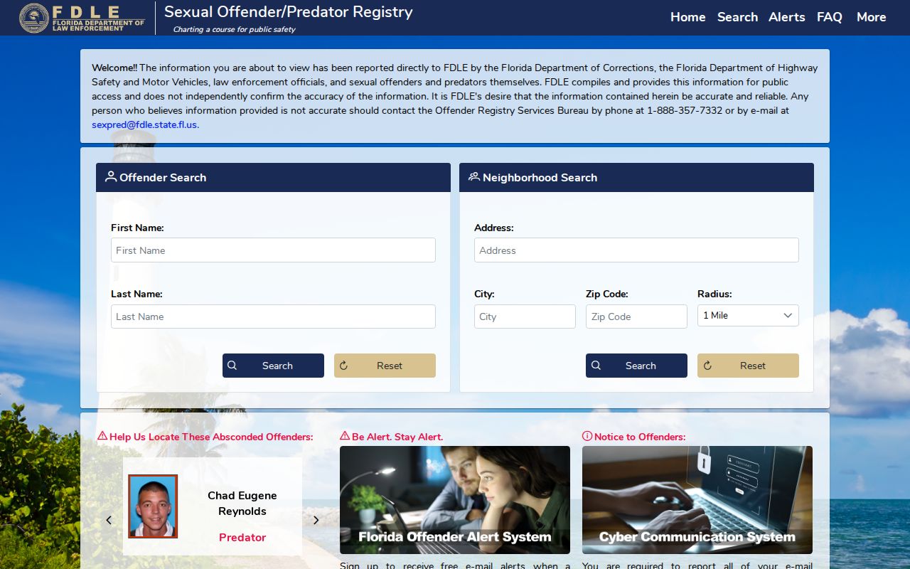 Florida registry home page with offender search and alert options