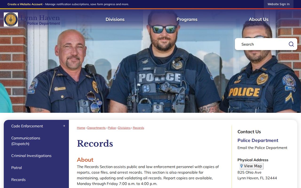 Lynn Haven criminal history police records page