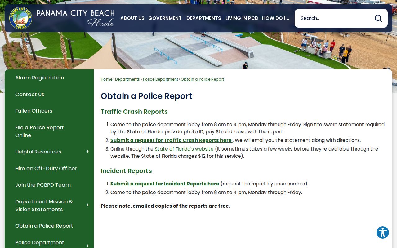 Panama City Beach criminal history police report access choices